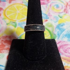 Blue Diamond 3 Row Band Ring in Rhodium/Sterling Silver